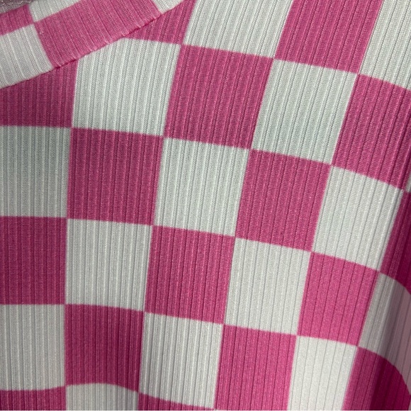 Freckled Poppy Neon Pink Checkered Pattern Ribbed Knit Short Sleeve Top Sz L - Picture 6 of 11